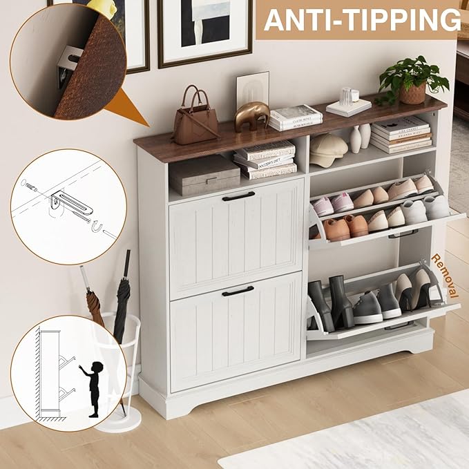 Shoe Storage Cabinet with 4 Flip Drawers, Farmhouse Modern Hidden Shoes Rack Cabinet with Adjustable Shelves & Open Storage, Narrow Slim Shoe Organizer for Front Door Entrance, Entryway, Antique White