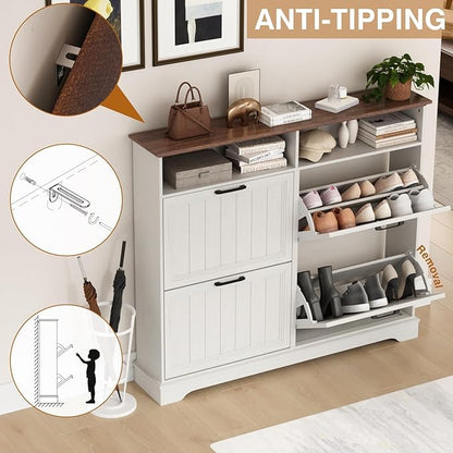 Shoe Storage Cabinet with 4 Flip Drawers, Farmhouse Modern Hidden Shoes Rack Cabinet with Adjustable Shelves & Open Storage, Narrow Slim Shoe Organizer for Front Door Entrance, Entryway, Antique White