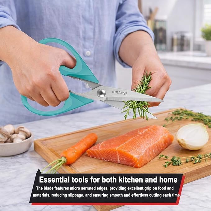 Small Kitchen Scissors 8-inch, iBayam 2 Pack Kitchen Shears All Purpose Meat Scissors Poultry Shears, Dishwasher Safe Food Cooking Scissors Heavy Duty Stainless Steel Utility (Black, Aqua Sky)