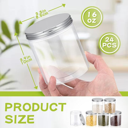 Irenare 24 Pcs 16 oz Plastic Jars with Lids Clear Plastic Containers Wide Mouth Food Mason Jars Airtight Storage Containers for Cake, Dried Fruit, Honey, Nuts, Carft, Scrub Cream(Silver Lids)