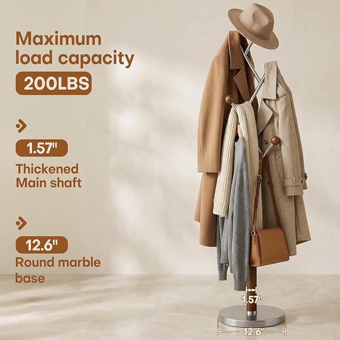 Coat Rack Freestanding, Metal Coat Tree with 8 Rubber Wood Hooks, Heavy Duty Coat Hanger Stand with Marble and Stainless Steel Base, Standing Hall Tree for Clothes, Hats, Bags, Jacket