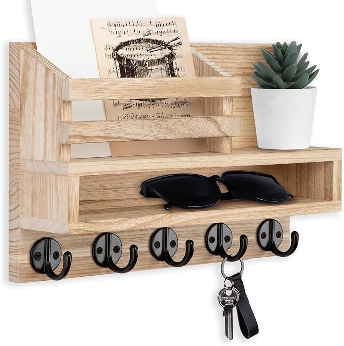 Key and Mail Holder Wall Mount, Key Hanger with Long Storage Box and Key Hooks for Coat, Dog Leash, Home Decor Rack, House Accessories, Entry Way Organizer