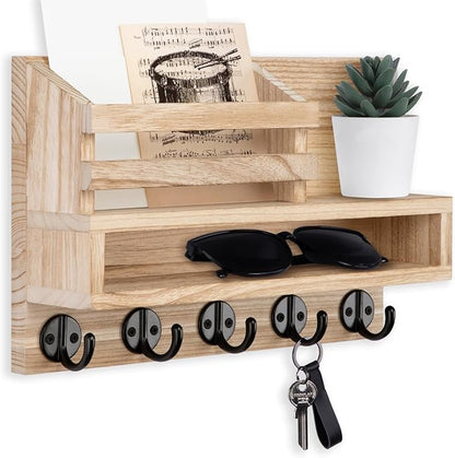 Key and Mail Holder Wall Mount, Key Hanger with Long Storage Box and Key Hooks for Coat, Dog Leash, Home Decor Rack, House Accessories, Entry Way Organizer