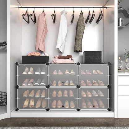 ROJASOP 6-Tier 24-Pair Expandable Shoe Rack Organizer with 2 Hooks, Black