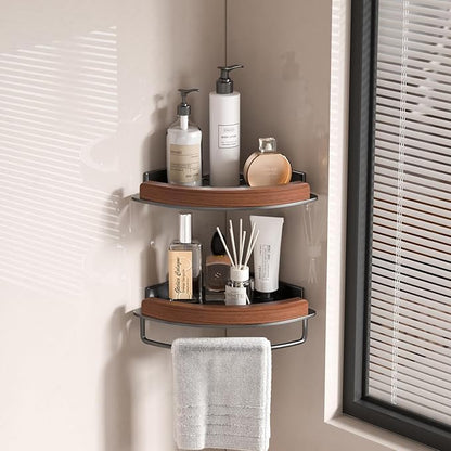 1 Pack Walnut Color Wall-Mounted Corner Caddy for Bathroom - No Drill Triangle Corner Storage Rack with Glue Accessories, Waterproof Vanity Organizer for Toiletries & Towels