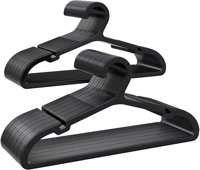 Plastic Kids Hangers, Pack of 60, Ultra Slim Closet Hangers, Non-Slip, Space-Saving, Sturdy, 14" W x 7" H (for Children Aged 7-12 Years), Black, UAPY0760B
