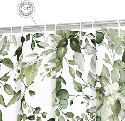 Gibelle Small Stall Shower Curtain 36 x 72, Narrow Half Olive Green Floral Shower Curtain for Bathroom, Watercolor Plant Eucalyptus Leaves Fabric Shower Curtain Set