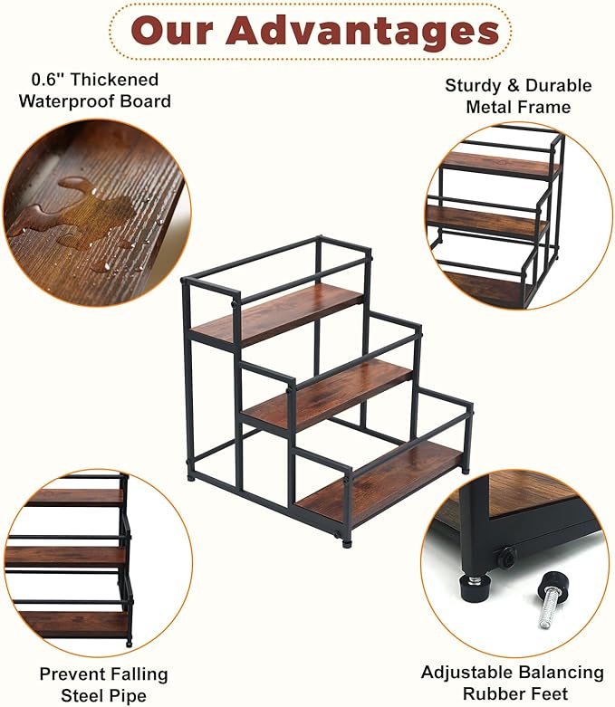 Coffee Syrup Rack Organizer, 3-Tier | Metal Bottle Holder, Holds 12 Bottles, Rustic Countertop Display Shelf, For Coffee Bar, Kitchen Cabinet, Pantry