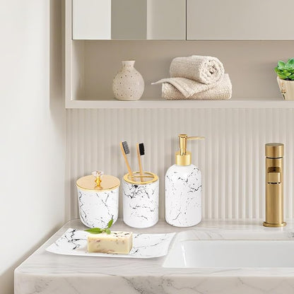 Haturi Glass Bathroom Accessories Set – 4-Piece Marble-Style White and Gold Bathroom Set with Soap Dispenser, Toothbrush Holder, Jar with Lid – Elegant Glass Design for Modern Vanity Décor