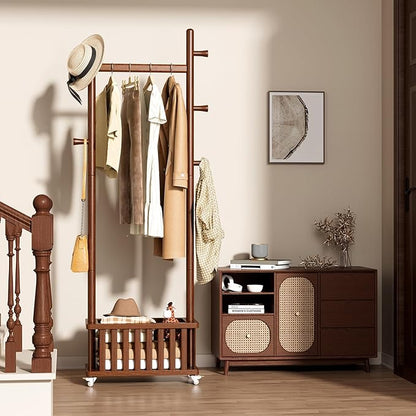 Solid Wood Coat Rack Clothes Rack, Coat Rack Freestanding with Storage Basket and 5 Hooks, Heavy Duty Coat Tree for Entryway, Living room, Coat Hanger Stand for Hats, Bags Clothes