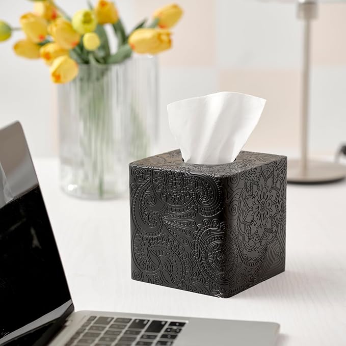 Square Tissue Box Cover Decorative,Napkin Dispenser,Facial Paper Holder for Bathroom Vanity Countertop,Bedroom Dresser,Night Stand, Desk, Office and End Table,Boho Flowers Black