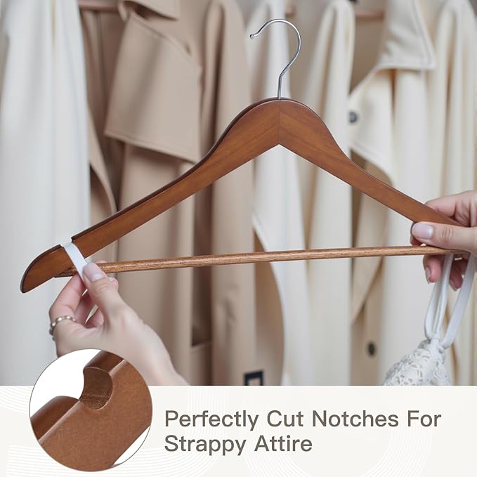 Wooden Hangers 10 Pack: Solid Shirt Hangers with Pants Bar, Heavy Duty & Slim Coat Hanger, for Suit Coat Jacket Pants (Walnut)