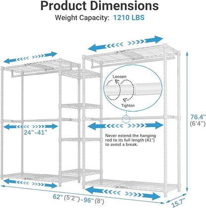 VIPEK X3 Expandable Heavy Duty Clothes Rack Adjustable from 5'2" to 8' with Flexible Shelves and Hanger Rods, Large Freestanding Clothing Racks for Hanging Clothes, Max Load 1210LBS, White
