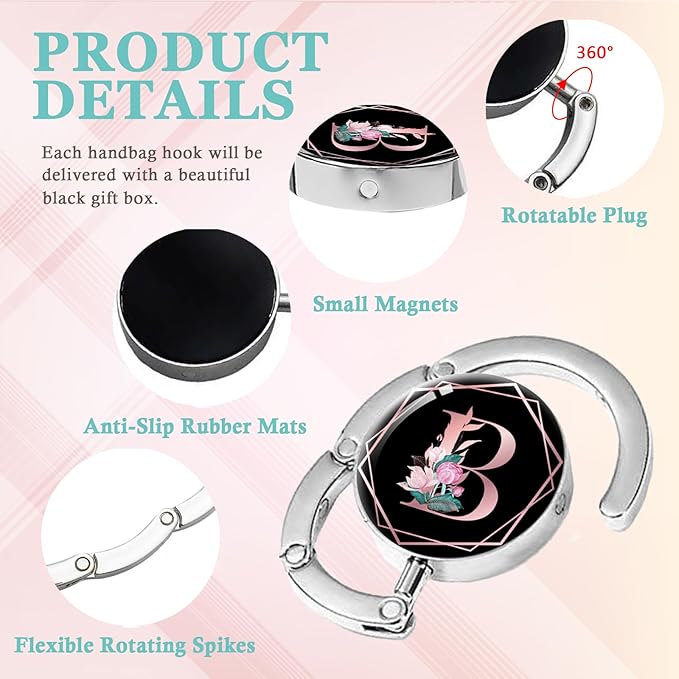 Pink Initial Foldable Purse Hook, Flower Letter Handbag Hanger, Women's Bag Hanger Hook, Round Purse Table Hook, Funny Desk Hook Gift for Family Colleague Friend Office Worker (Flower B)