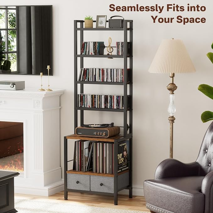 DVD Storage Vinyl Record Storage Rack, 6-Tier CD Rack Tower with Drawers for CDs, DVDs, Albums, Books & Games, Vinyl Record Holder & DVD Shelf Organizer for Living Room & Home Office, 20.8x11.8x63Inch