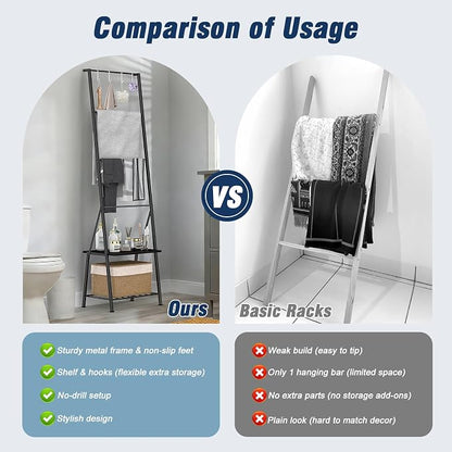Black Metal Blanket Ladder with Storage Shelf and Hooks, Leaning Towel Rack for Bathroom, Decorative Blanket Rack for Living Room Bedroom