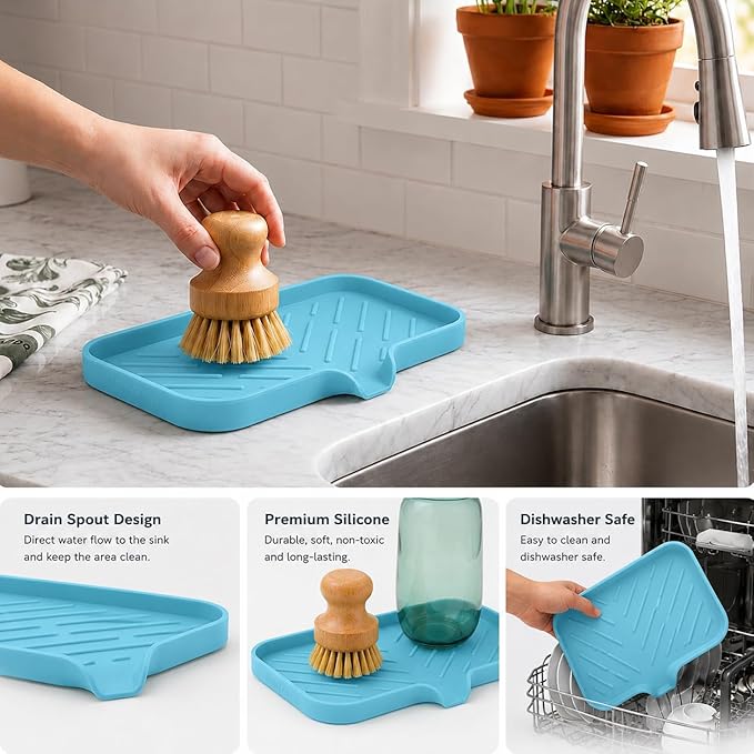 MicoYang Silicone Soap Dish with Drain Spout — Self-Draining Sink Organizer Tray for Bathroom & Kitchen, Sponges, Dispensers & Soap Holder, Non-Slip & Dishwasher Safe, Light Blue (Medium, 9.6"×5.3")