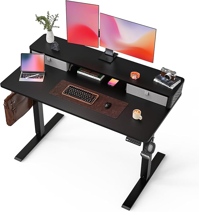 FiCiHi Standing Desk with Drawers, C-Clamp Mount Compatible, 48x24 Inch Electric Adjustable Height Computer Stand Up Desks, Home Office Sit Stand Table with 3 Preset Heights & 2 Hooks, Black