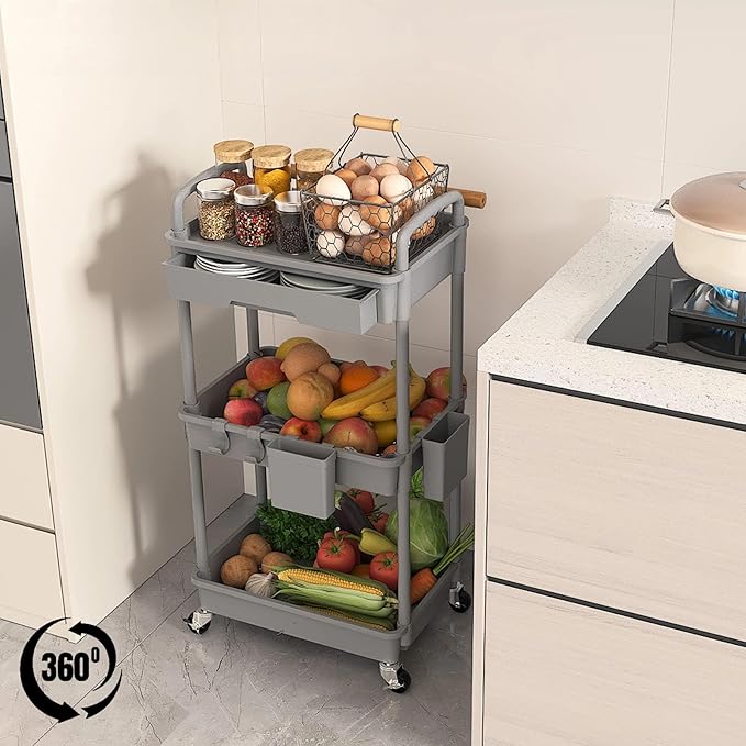 LLMRR 3 Tier Rolling Utility Cart with Drawer, Plastic Storage Organizer Rolling Carts with Wheels Handles Hanging Cups Hooks for Office, Bathroom, Kitchen,Craft Art Room (Grey)