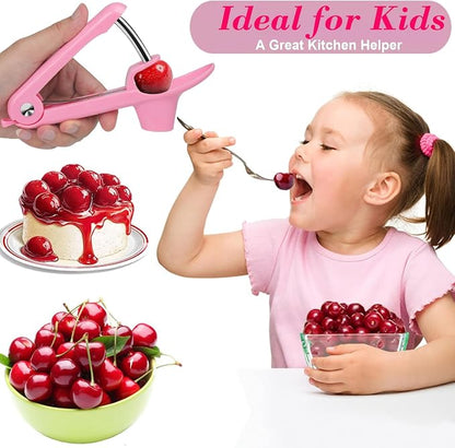 Cherry Pitter Tool Pit Remover, Cherry Core Remover Tool with Space-Saving Lock Design, Heavy-Duty Cherry Pit Remover for Kids/Making Cherry Jam (Pink)