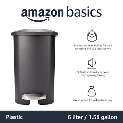 Amazon Basics Compact Plastic Bathroom Trash Can with Soft-Close Lid,Hands-Free Foot Pedal,Removable Inner Bucket,6 Liters,Black,(Pack of 6)
