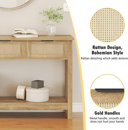 Luoxiao Rattan Console Table Boho Entryway Table with 3 Drawers Storage, Narrow Long Behind Couch Sofa Table for Living Room Side Table Entry Way Table Entrance Hallway Foyer, Natural, 47 Inch