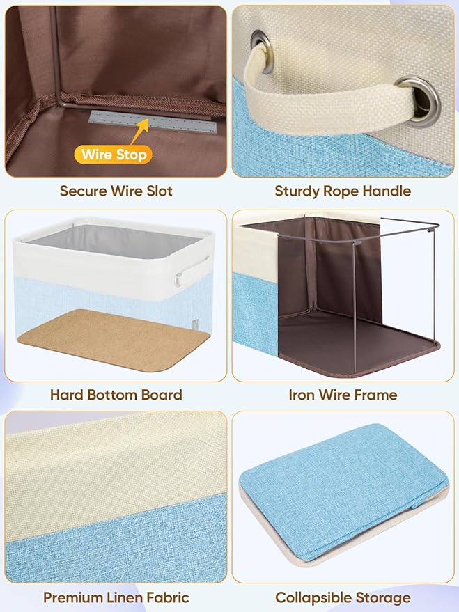 BALEINE 4 Pack Fabric Storage Bins for Shelves, Linen Storage Baskets for Organizing, Decorative Closet Bins for Clothes, Home (Skyblue, 15''x11''x9.5'')