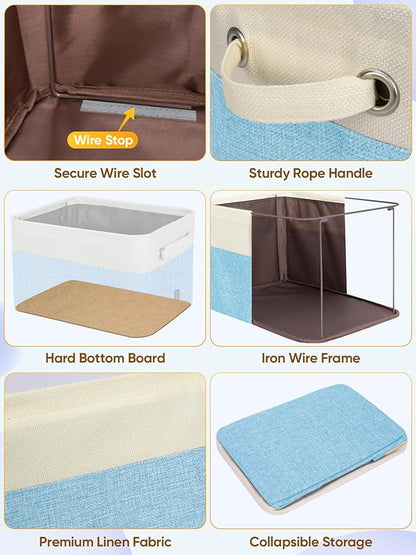 BALEINE 4 Pack Fabric Storage Bins for Shelves, Linen Storage Baskets for Organizing, Decorative Closet Bins for Clothes, Home (Skyblue, 15''x11''x9.5'')