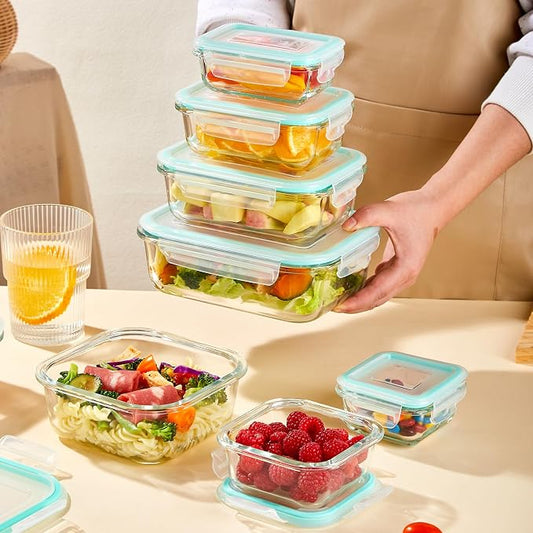 YUNCANG 8 Pack Glass Food Storage Containers with Lids, 5oz to 35oz Meal Prep Containers, Airtight Bento Boxes with Leak Proof Locking for Microwave, Oven, Freezer and Dishwasher, BPA Free