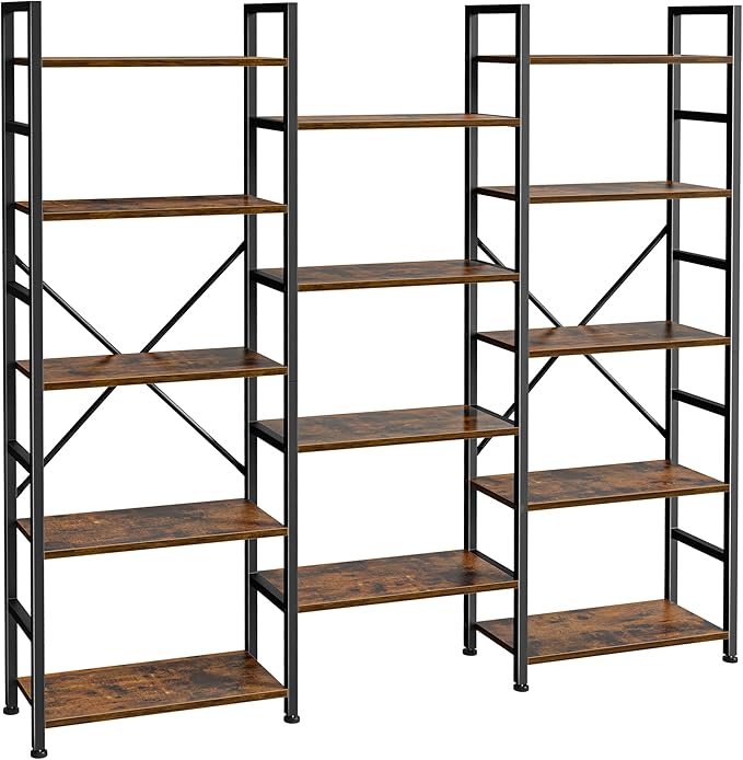 SUPERJARE Triple Bookshelf, Bookcase with 11 Open Display Shelves, Wide Book Shelf Book Case for Home & Office, 5 Tier, Rustic Brown