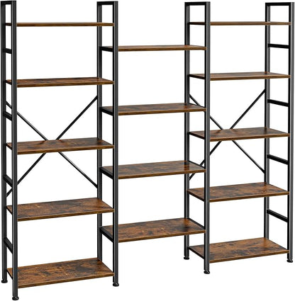 SUPERJARE Triple Bookshelf, Bookcase with 11 Open Display Shelves, Wide Book Shelf Book Case for Home & Office, 5 Tier, Rustic Brown