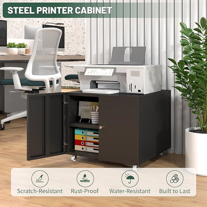 TEEALUBAN Printer Stand with Storage Cabinet with Wheels,3D Heavy Duty Metal Large Printer Table with Adjustable Shelf for Home Office, Mobile Printer Cart,Black,17.72" H