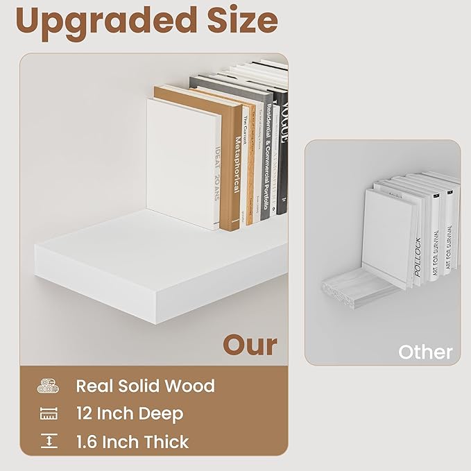 White Floating Shelves 24 Inch Long, 9.3 Inch Deep Floating Shelves for Wall, Rustic Solid Wood Shelves, Deep Wall Shelves for Living Room, Bedroom, Kitchen, 24"W x 9.3"D x 1.6"H, Set of 2