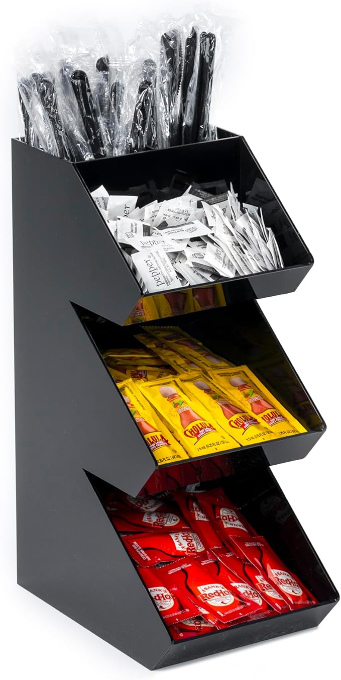 Inevibe Condiment Holder Stand - 3 Tier Compartment for Condiments, Sauce Packets, and Coffee Station Organizer for Bar, Restaurant, Cafe, Home - Black Acrylic Caddy Storage Rack