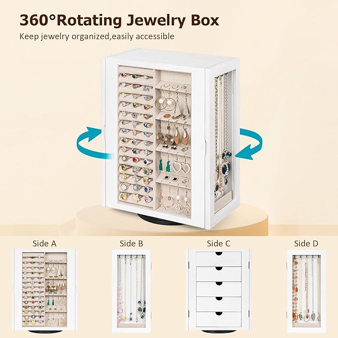 Emfogo 360° Rotating Jewelry Box for Women, Vintage Wooden Large Jewelry Organizer with 5 Drawers, Glass Doors, Vertical Open Design Jewelry Organizers and Storage for Earring Ring Necklace Bracelet