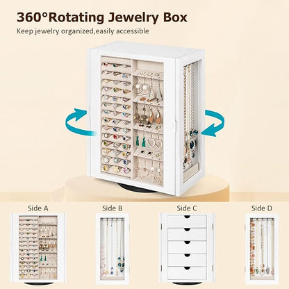Emfogo 360° Rotating Jewelry Box for Women, Vintage Wooden Large Jewelry Organizer with 5 Drawers, Glass Doors, Vertical Open Design Jewelry Organizers and Storage for Earring Ring Necklace Bracelet