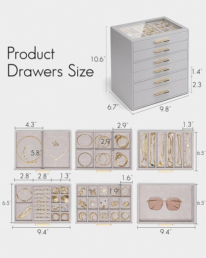 Vlando 6 Layer Jewelry Box for Women, Glass Lid Jewelry Organizer with 6 Drawers for Necklaces Rings Earrings Bracelets - Grey