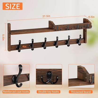 Coat Rack Wall Mount with Shelf, 27.5" Entryway Wall Hanging Shelf, Coat and Key Hanger with 10 Dual Hooks, Mail Organizer and Key Holder Hat Rack for Wall, Wood Coat Hooks with Storage