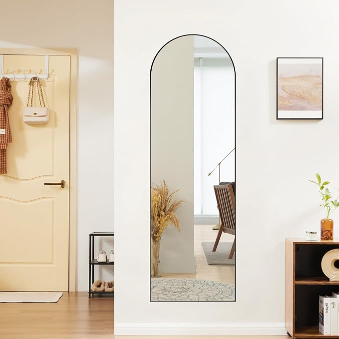 OLIXIS Arched Full Length Mirror 59"x16.3" for Bedroom, Full Body Mirror with Stand, Hanging or Leaning for Wall, Aluminum Alloy Thin Frame Floor Standing for Living Room, Long, Black