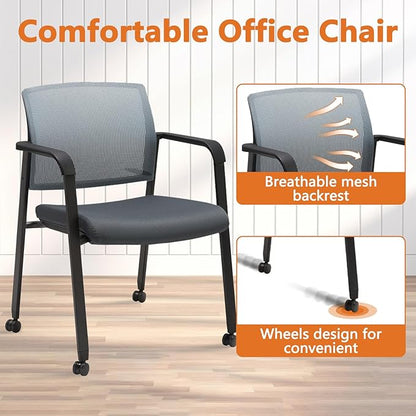 CLATINA Mesh Back Stacking Arm Chairs with Upholstered Fabric Seat and Ergonomic Lumbar Support for Office School Church Guest Reception (WithWheels Gray- 2 Pack)