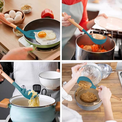 IOCBYHZ Silicone Cooking Utensils Set 6Pcs Heat Resistant Silicone Kitchen Utensils Set for Cooking Spatula Spoon Turner Ladle w Wooden Handle, BPA FREE Kitchen Gadgets for Nonstick Cookware & Baking