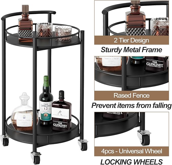 Bar Cart Black Rolling Cart for Home,2 Tiers Bar Serving Cart Round Wine Cart with Handle, Metal Wine Rack and Casters, Serving Bar Trolley for Home Kitchen,Living Room,Christmas,New Year