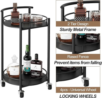 Bar Cart Black Rolling Cart for Home,2 Tiers Bar Serving Cart Round Wine Cart with Handle, Metal Wine Rack and Casters, Serving Bar Trolley for Home Kitchen,Living Room,Christmas,New Year