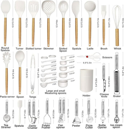Cooking Utensils Set- 35 PCs Kitchen Utensils with Grater,Tongs, Spoon Spatula &Turner Made of Heat Resistant Food Grade Silicone and Wooden Handles Kitchen Gadgets Tools Set for Cookware