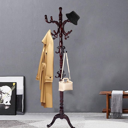 Coat Racks FreeStanding with 14 Hooks, Natural Wood Coat Rack with Solid Round Base, Adjustable Height Coat Racks, Easy Assembly for Hallway, Bedroom and Office (Reddish brown-Tri-Legged Base)