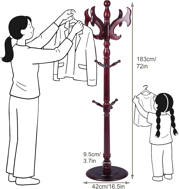 Wooden Coat Rack Freestanding with 14 Hooks Antler Shaped, 72'' Vintage Coat Racks Tree, Adjustable Height, Coat Hanger Stand with Sturdy Base, Coat Tree Hats Hanger for Living Room, Bedroom, Entryway