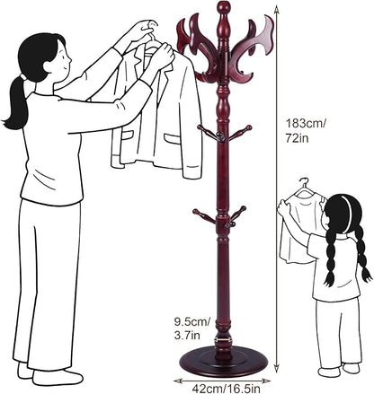 Wooden Coat Rack Freestanding with 14 Hooks Antler Shaped, 72'' Vintage Coat Racks Tree, Adjustable Height, Coat Hanger Stand with Sturdy Base, Coat Tree Hats Hanger for Living Room, Bedroom, Entryway