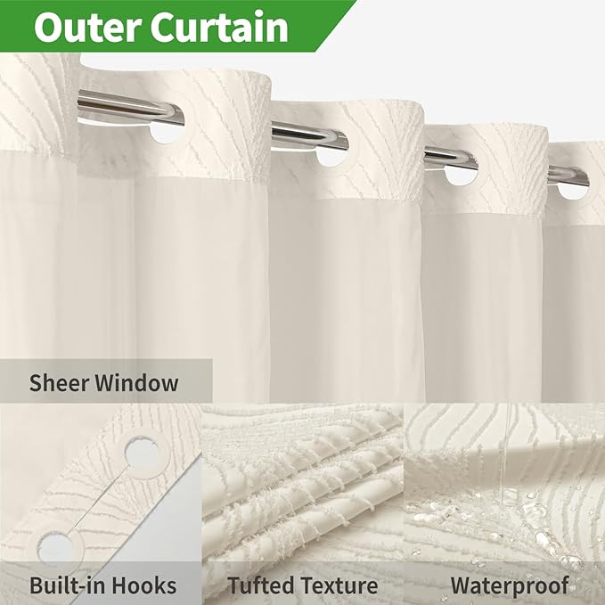 Cream No Hook Tufted Shower Curtain with snap-in Liner for Bathroom, Boho Farmhouse Style with See Through Top Window, no Hook Shower Curtain and Liner Set, Beige/Cream, 71Wx74H
