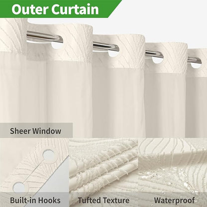 Cream No Hook Tufted Shower Curtain with snap-in Liner for Bathroom, Boho Farmhouse Style with See Through Top Window, no Hook Shower Curtain and Liner Set, Beige/Cream, 71Wx74H