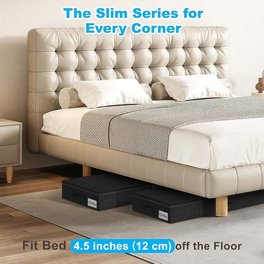 Under Bed Storage Container Bins 2 Pack, 4.5 Inch Slim Low Profile Underbed Clothes Storage Organizer for Dorm & Home, Use for Blanket and Toy Storage Box W/ Sturdy Bottom/Sides, Foldable Thick Fabric